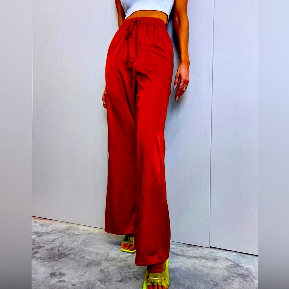 Red Satin Wide Leg Pants